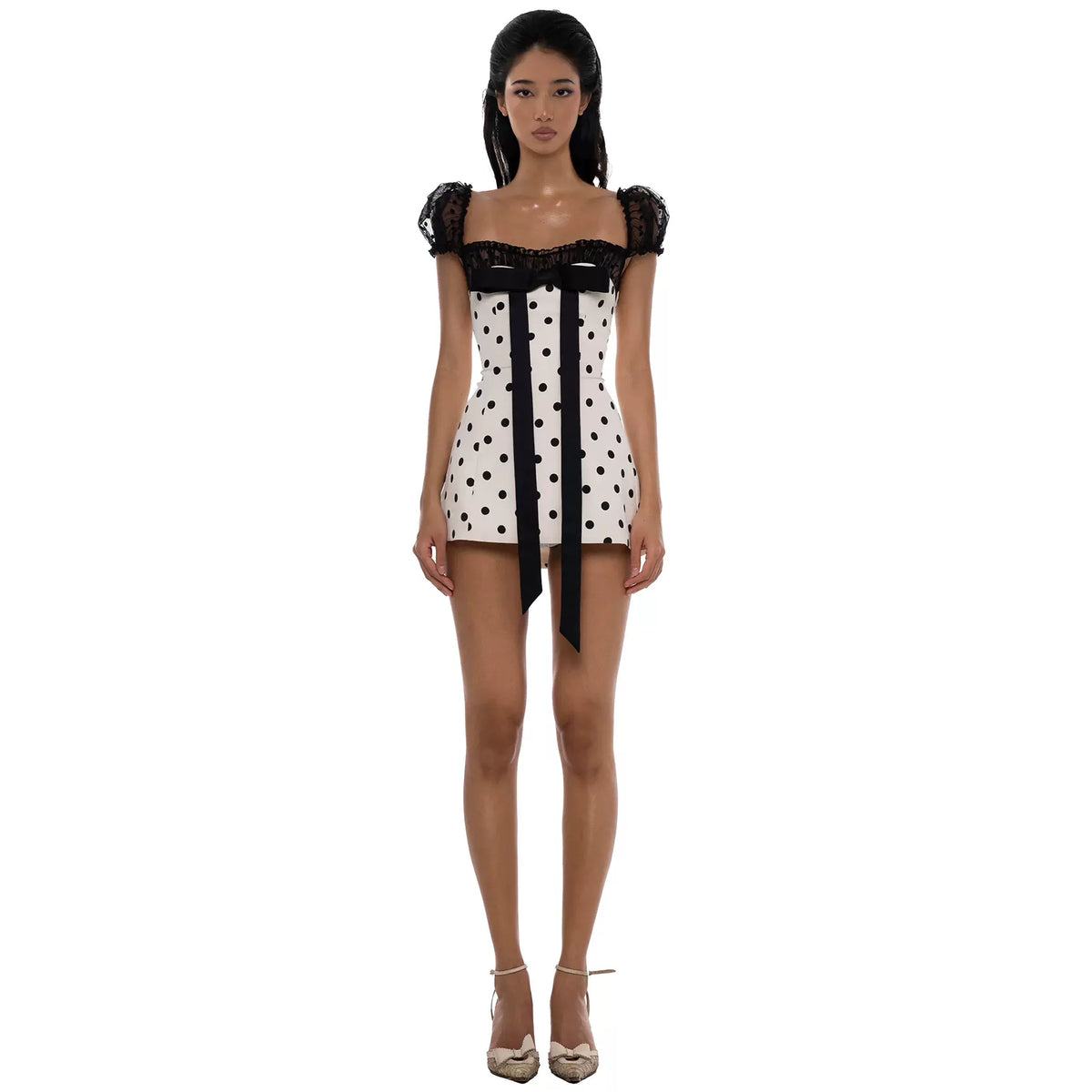 LaPose - Isabellah Polka Dot Lace Mini Dress - White Color