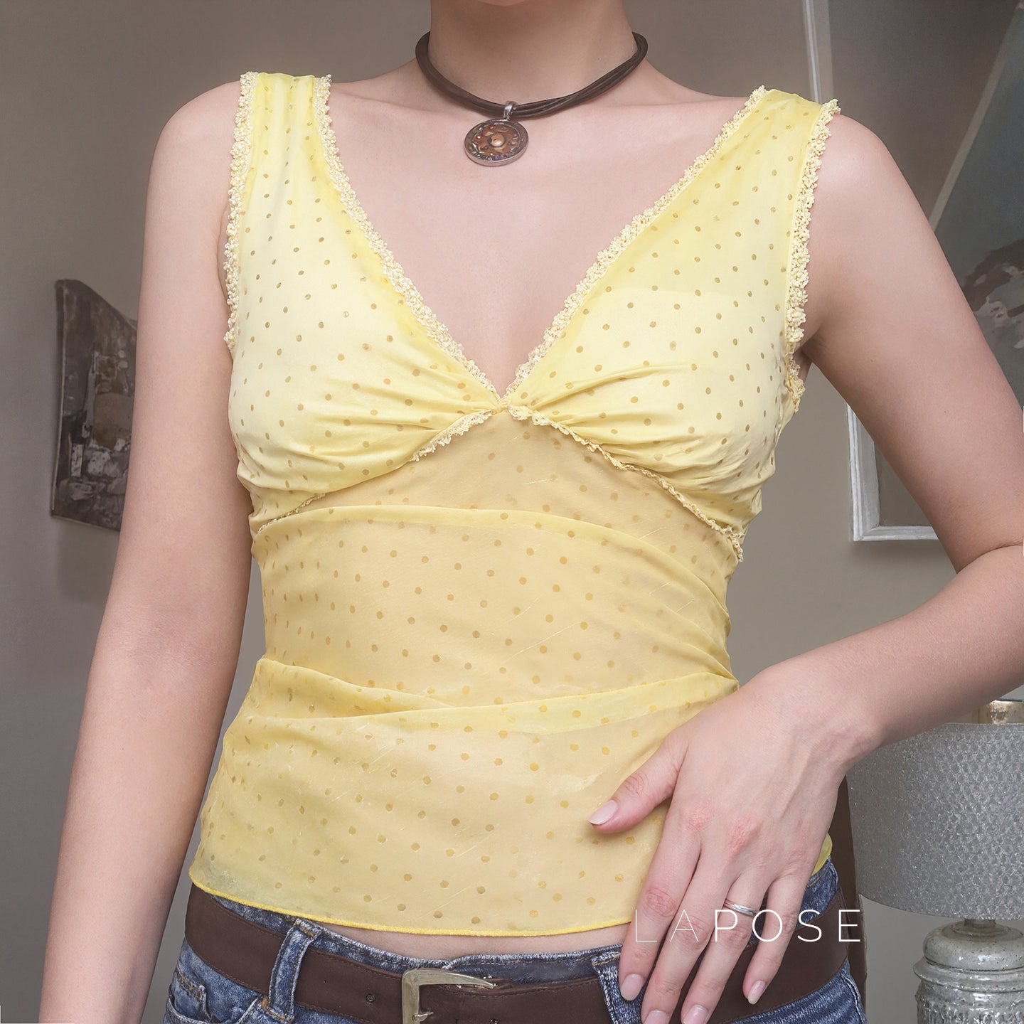 Ivonne Polka Dot Mesh Top [I3XPYS6A]