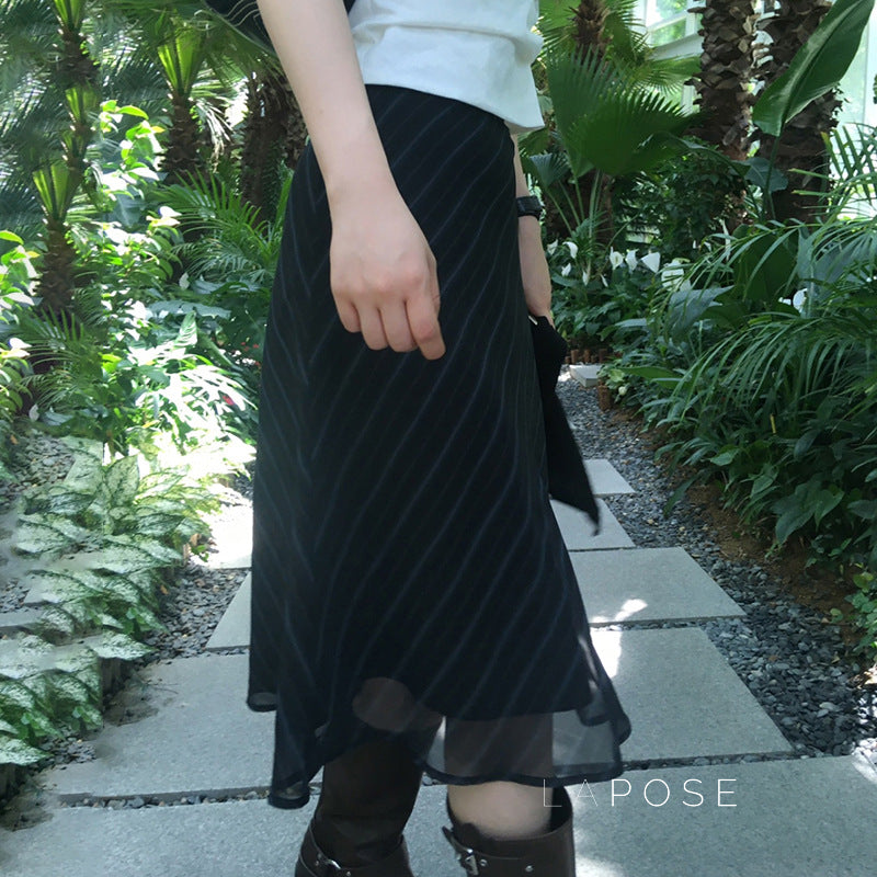 Jaelyn Striped Mesh Midi Skirt [24HMLJL2]