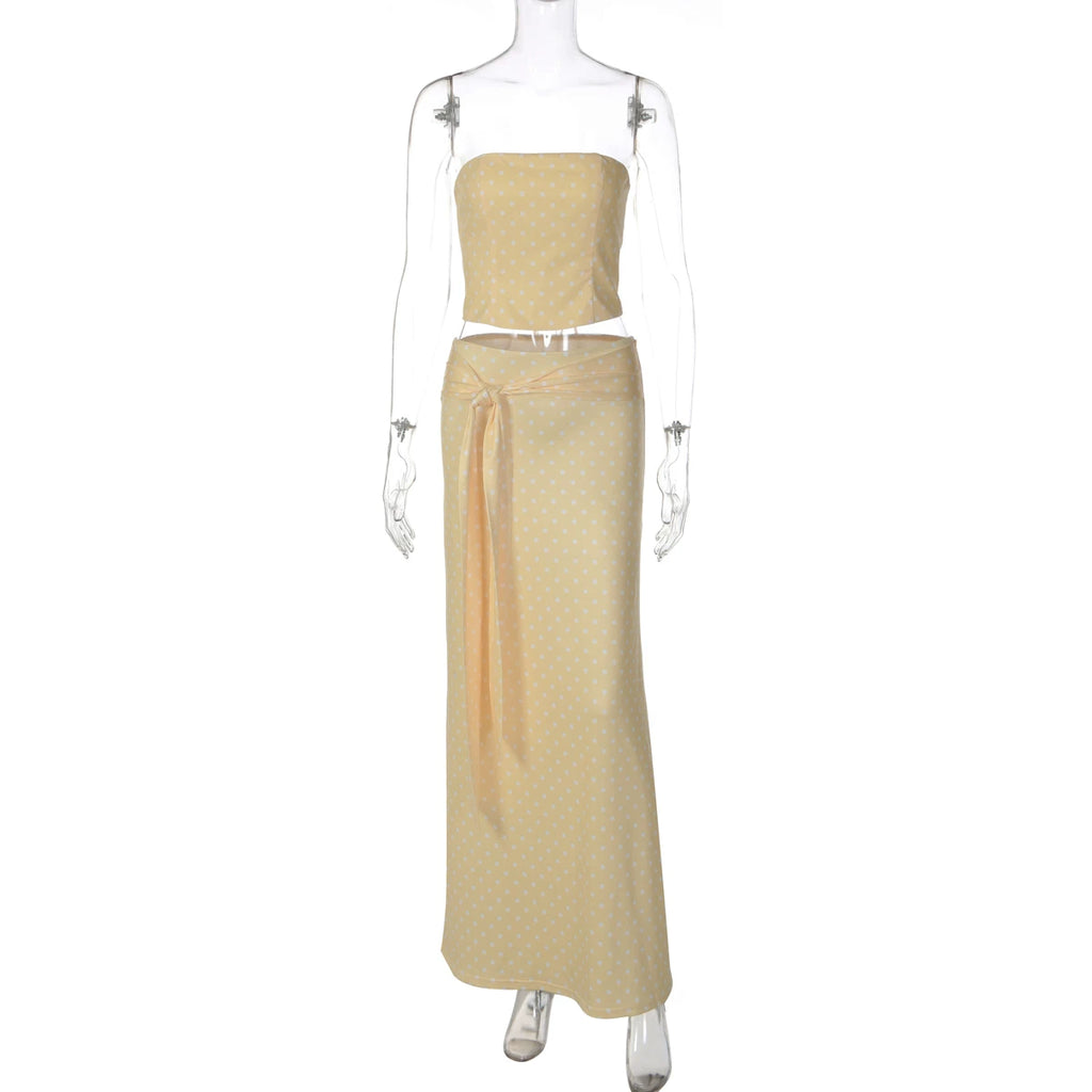 LaPose - Jaicee Polka Dot Maxi Skirt Set - Yellow Color