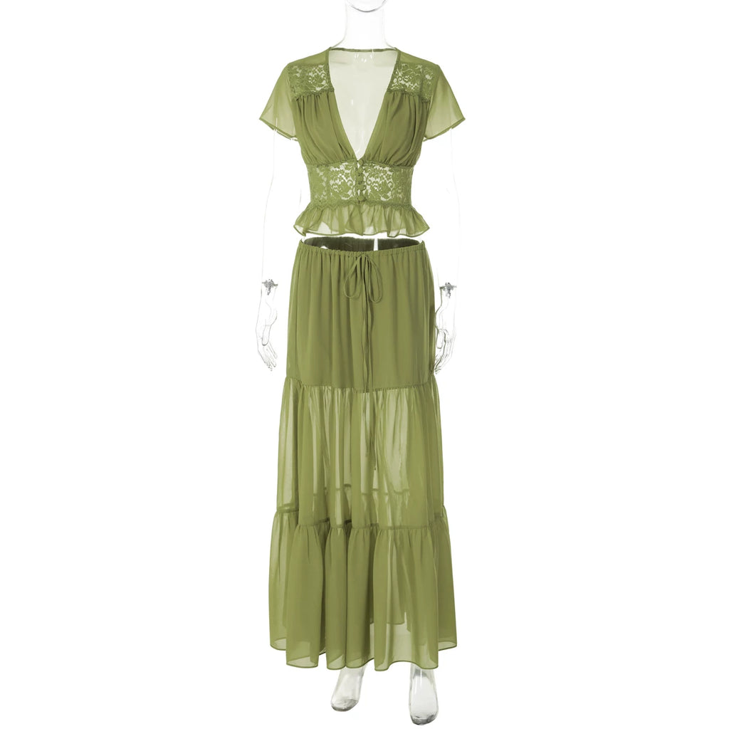LaPose - Jaiden Chiffon Lace Maxi Set - Yellow Green Color