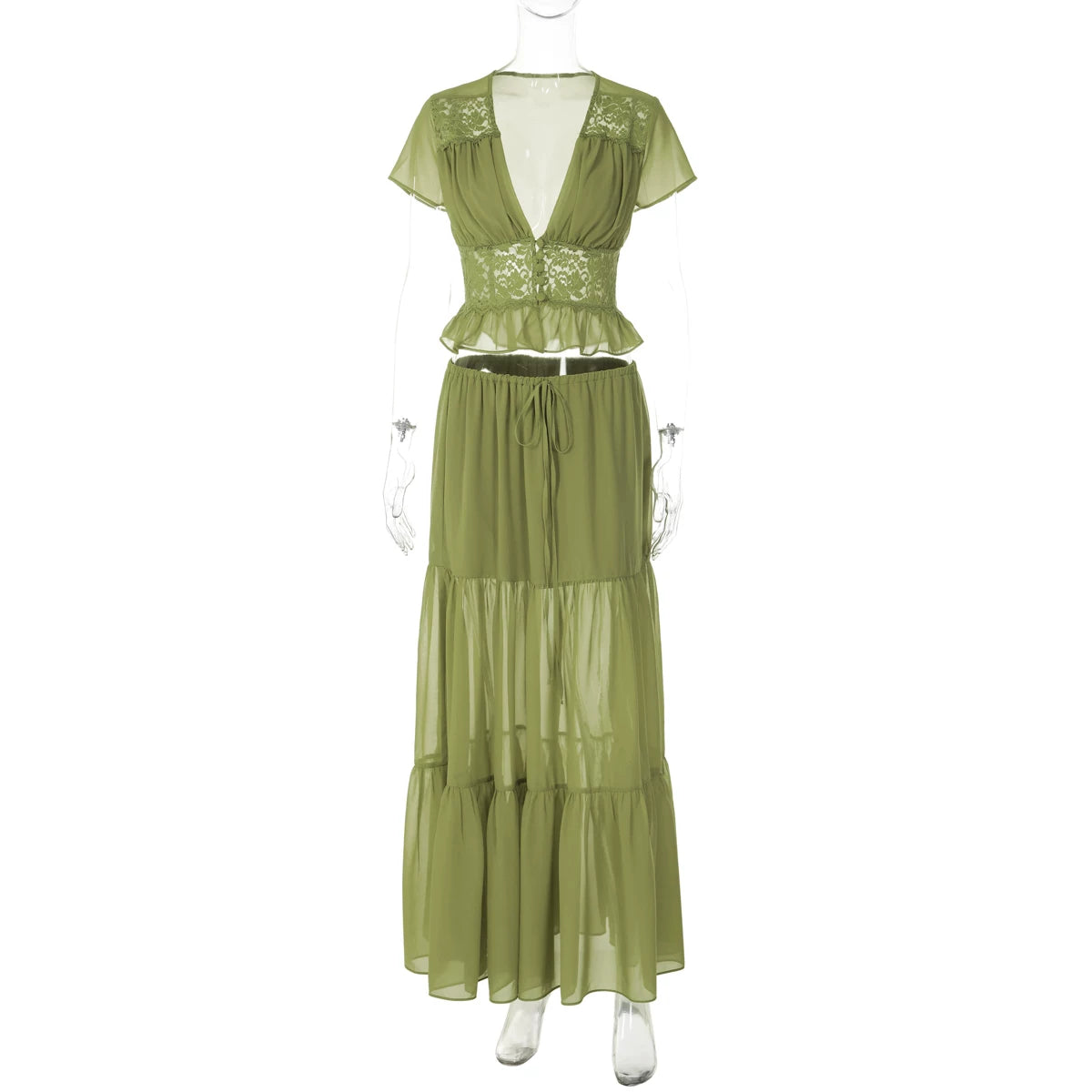 LaPose - Jaiden Chiffon Lace Maxi Set - Yellow Green Color
