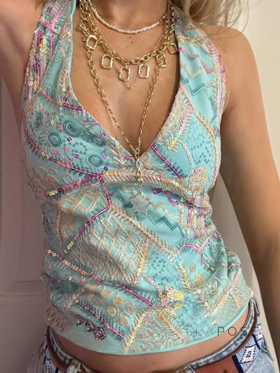 Jana Sequin Floral Halter Top [442ZMV4F]