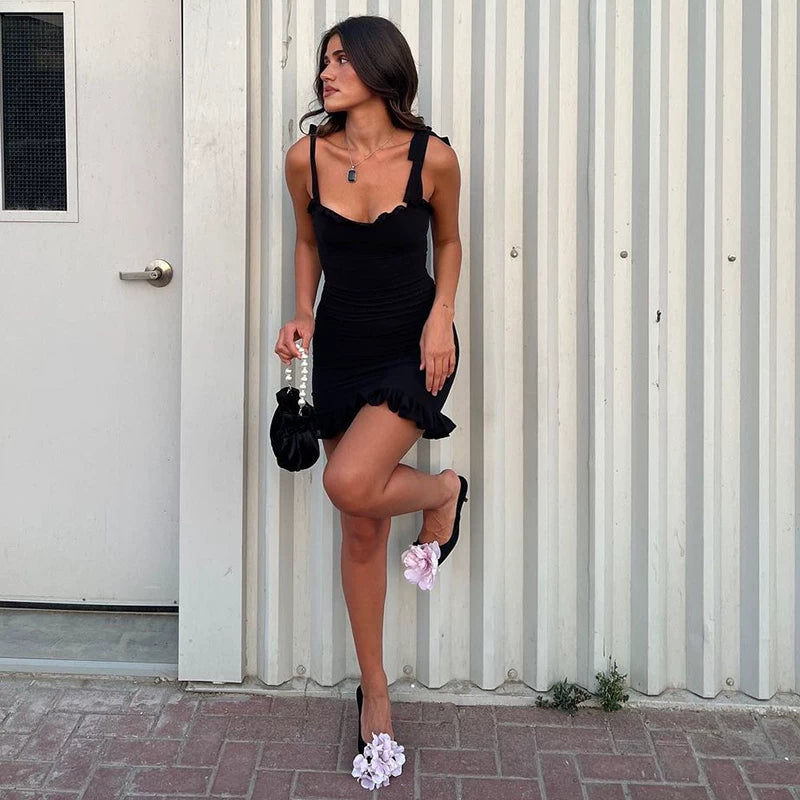 Johannah Ruffle Trim Tie Strap Mini Dress
