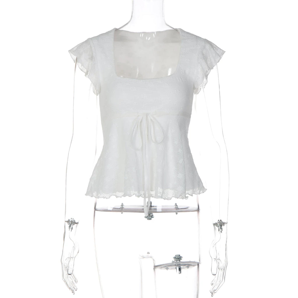 LaPose - Jonah Lace Flutter Sleeve Top - White Color