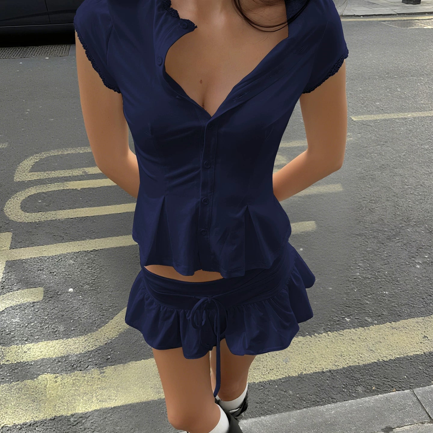 LaPose - Jordynn Lace Trim Mini Skirt Set - Navy Top Color