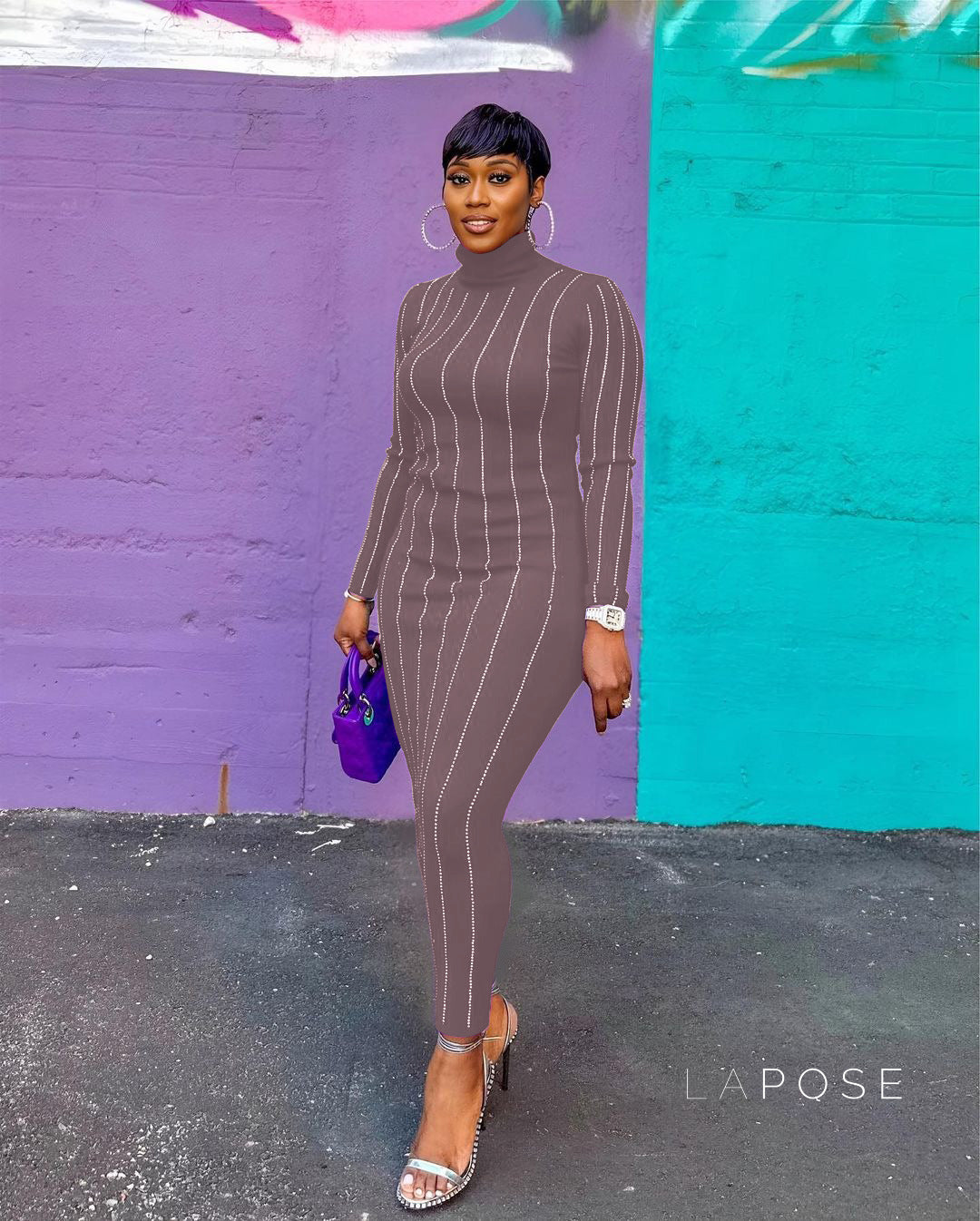 Joslynn High Neck Rhinestone Midi Dress [KEUZLHZD]