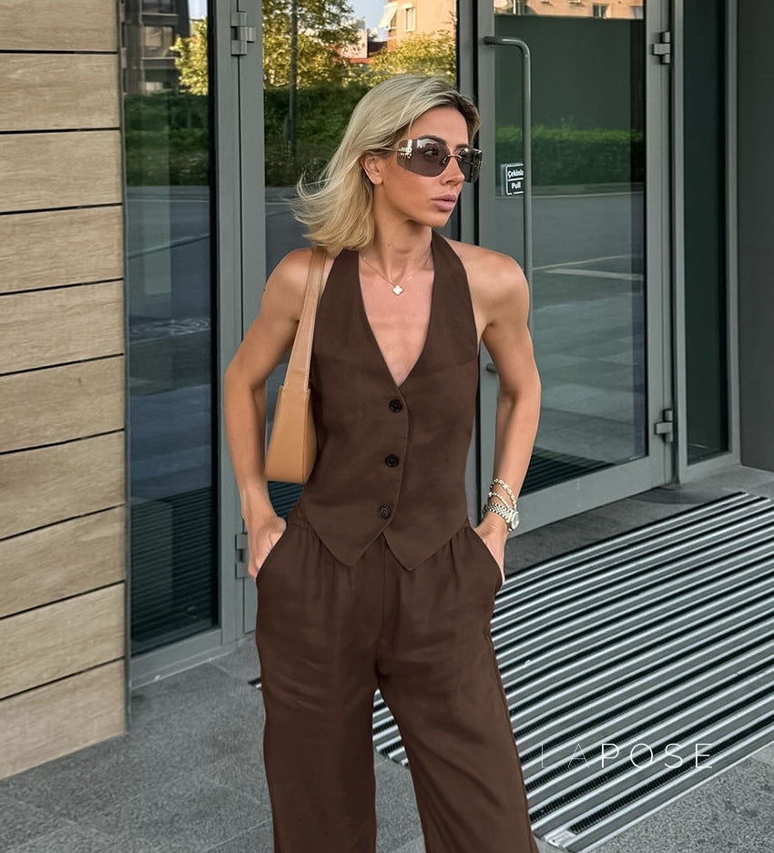 Kaela Brown Vest Pant Set [DVBL39TO]