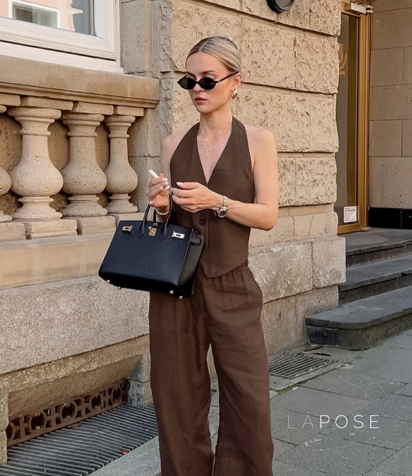 Kaela Brown Vest Pant Set [08KTRQQH]