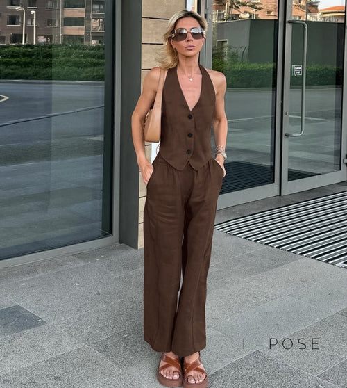 Kaela Brown Vest Pant Set [SVYMUDA7]