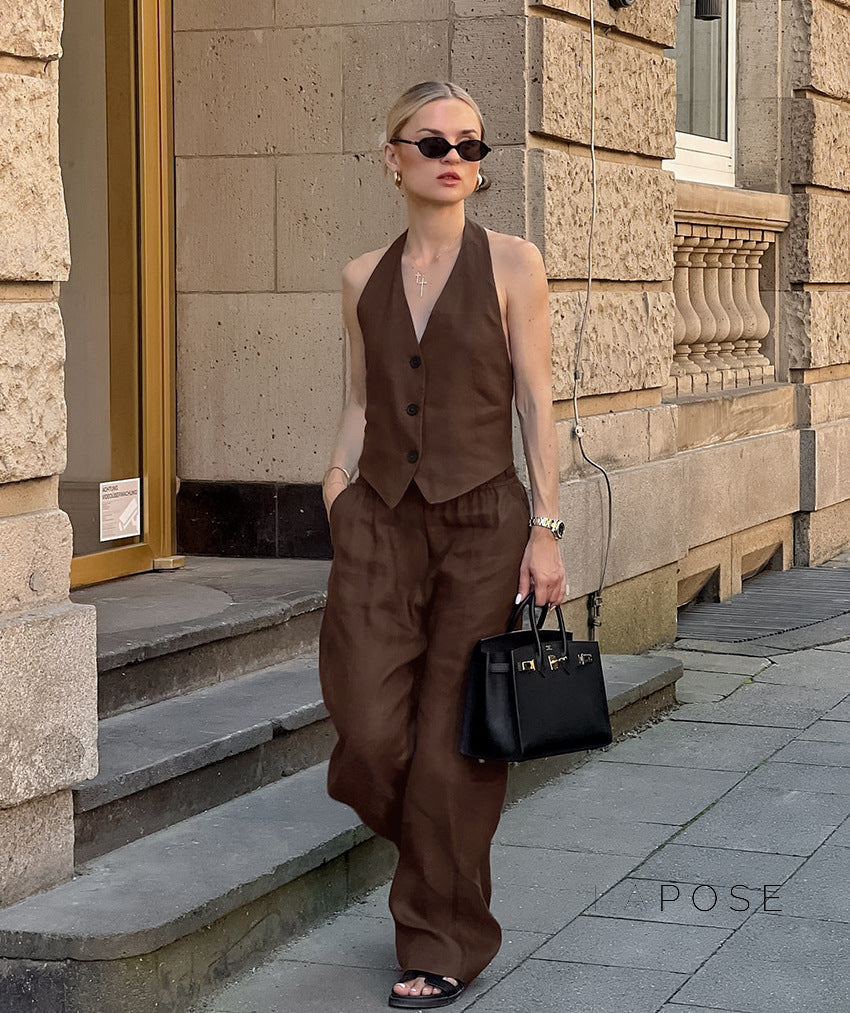 Kaela Brown Vest Pant Set [VHFPWWKG]