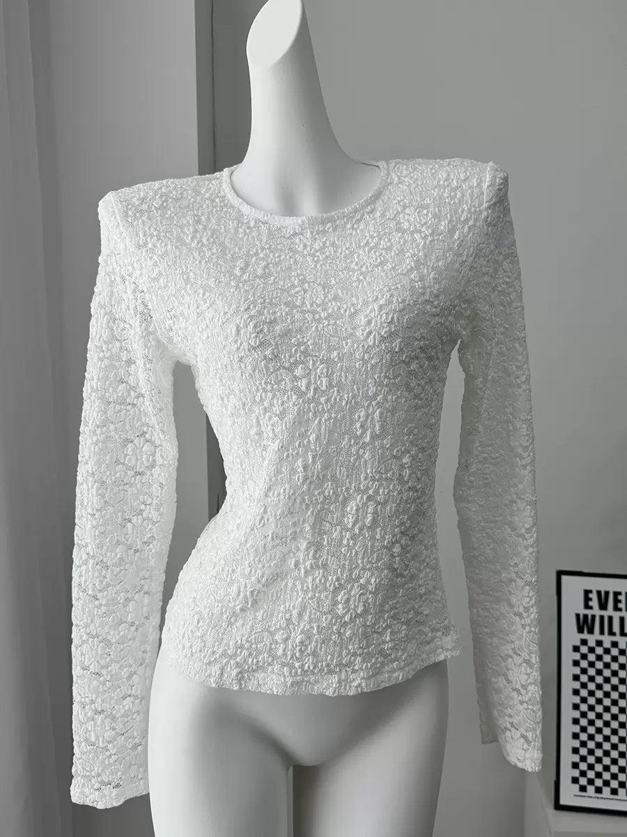 LaPose - Kaidyn Lace Long Sleeve Top - White Round Neck Color