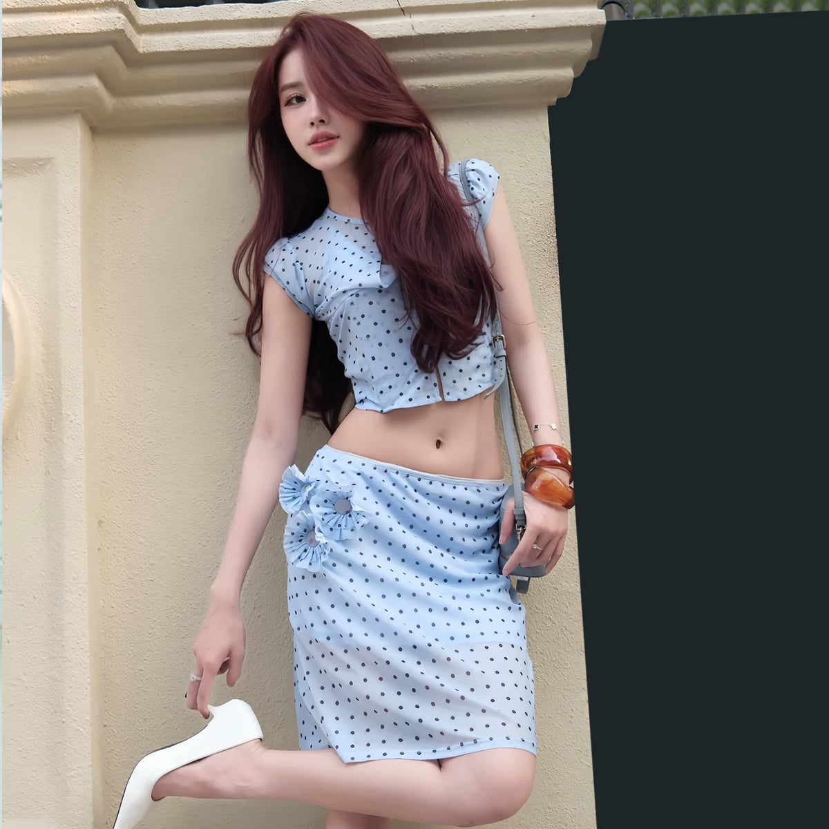 LaPose - Kala Polka Dot Mesh Skirt Set