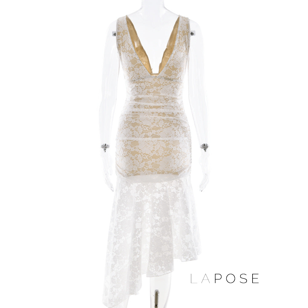 Kaliah Lace Ruched Asymmetric Dress [NVNRLCE1]