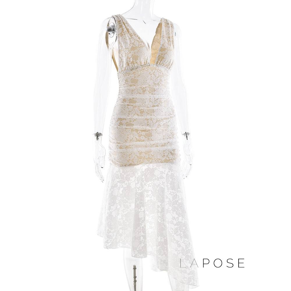 Kaliah Lace Ruched Asymmetric Dress [RHLLVX4R]