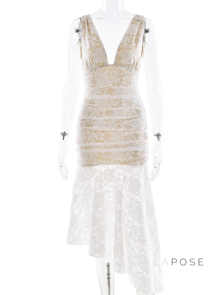Kaliah Lace Ruched Asymmetric Dress [OI2PT7Z8]