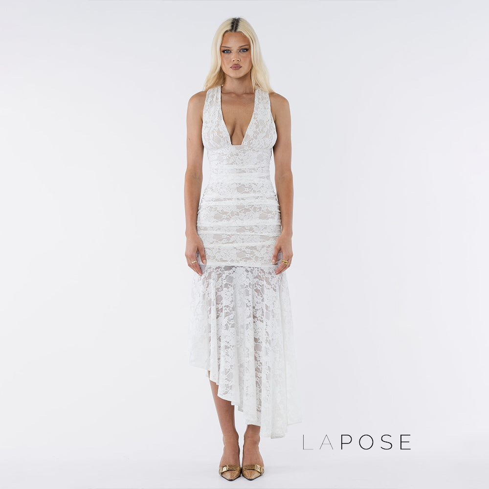 Kaliah Lace Ruched Asymmetric Dress [KXLQKJ8G]