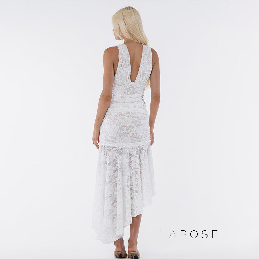 Kaliah Lace Ruched Asymmetric Dress [BBPVTATD]