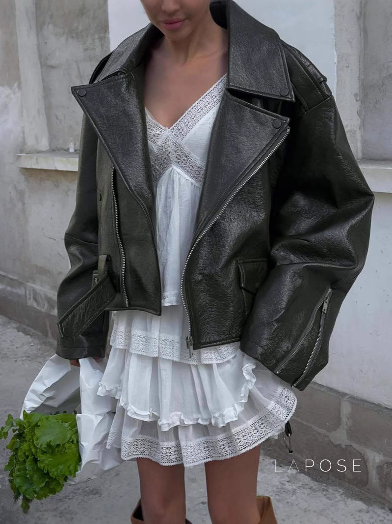 Kamia Green Faux Leather Biker Jacket [30PJDEY8]