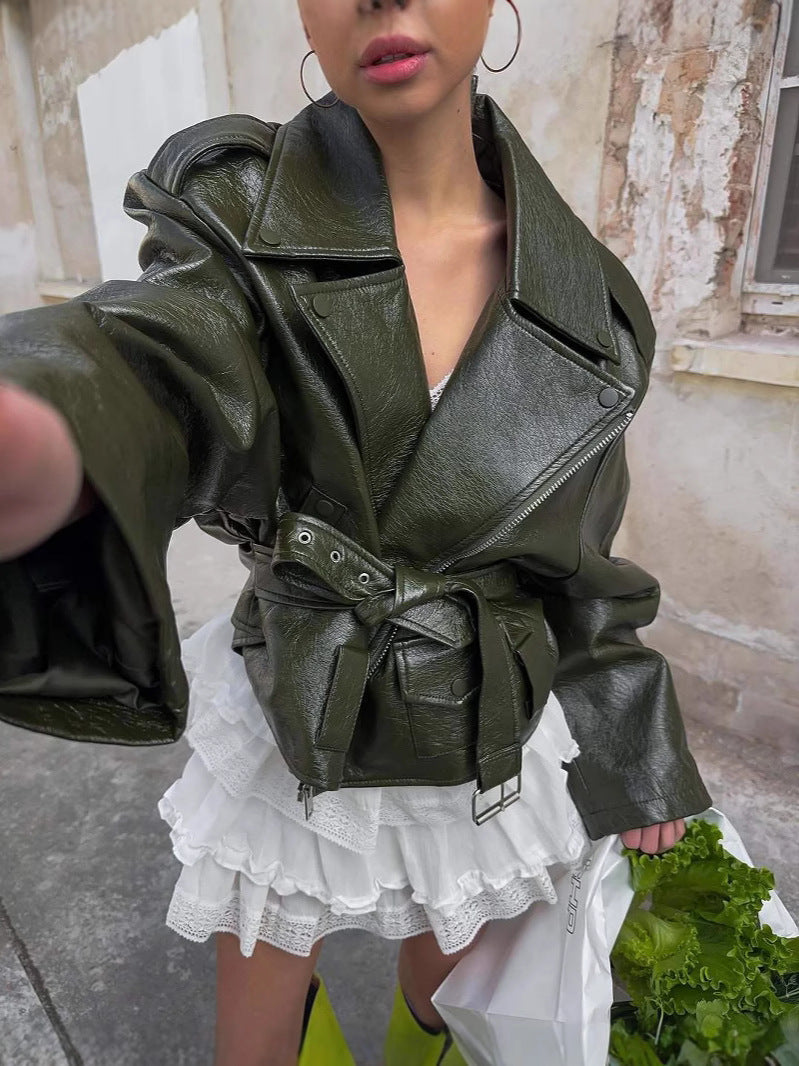 Kamia Green Faux Leather Biker Jacket [36BTDP37]