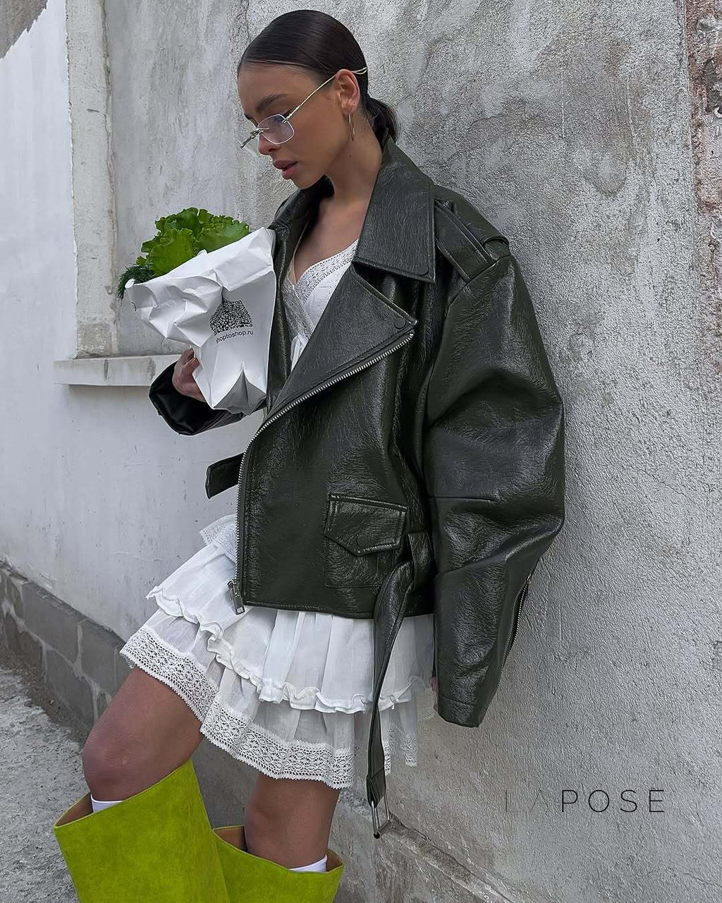 Kamia Green Faux Leather Biker Jacket [7IRWBPZB]