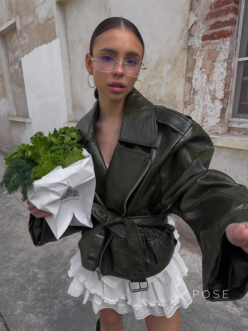 Kamia Green Faux Leather Biker Jacket [9RWKZ8QJ]