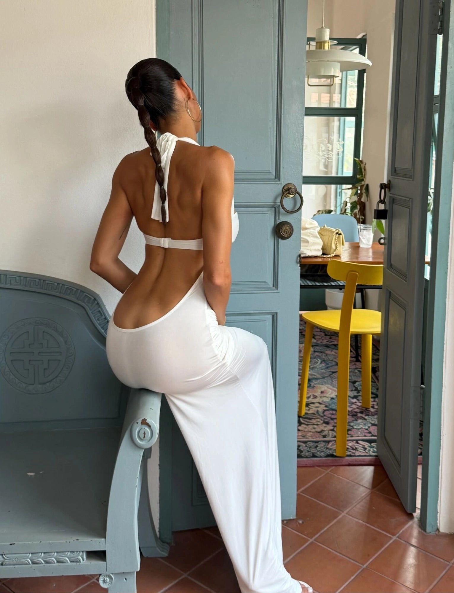 LaPose Kamri Draped Mesh Maxi Dress