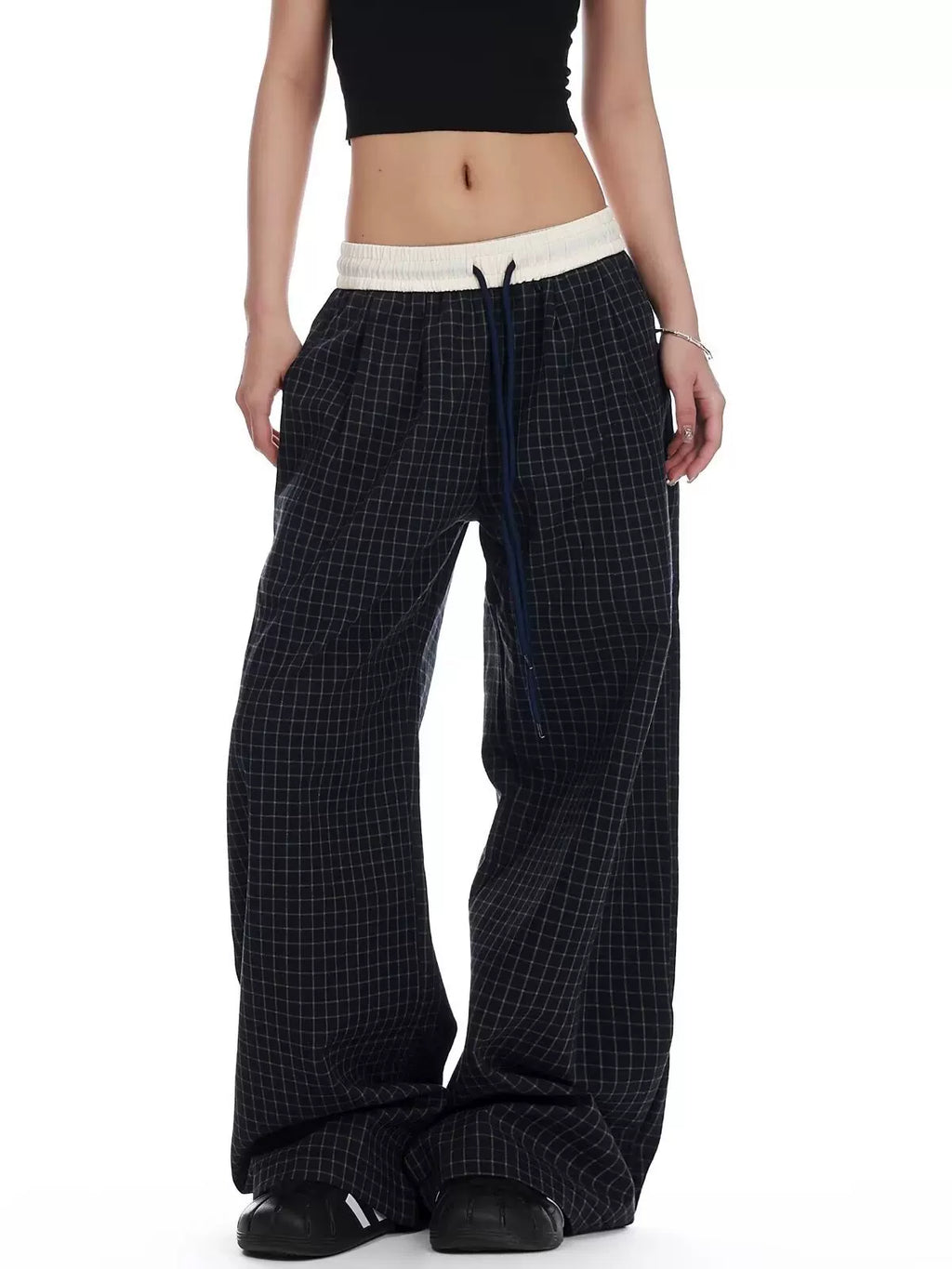Karah Plaid Wide Leg Pants - Navy Blue Color