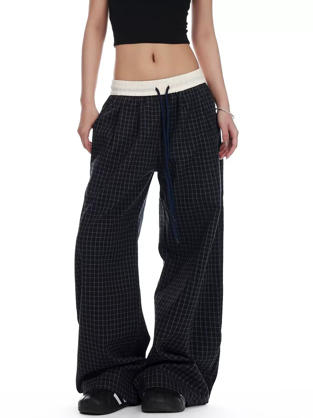 Karah Plaid Wide Leg Pants - Navy Blue Color