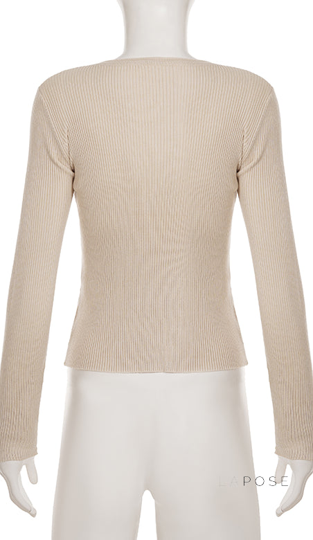 Karaline Ribbed Knit V-Neck Top [2QCGLOFJ]