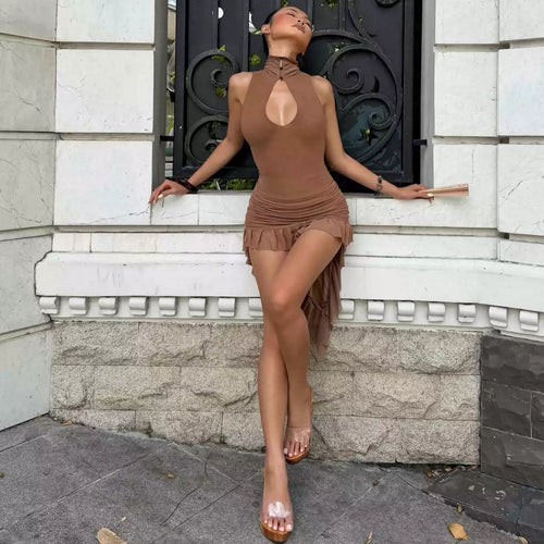 LaPose - Karen Cut-Out Asymmetric Mini Dress - Dark Brown Color