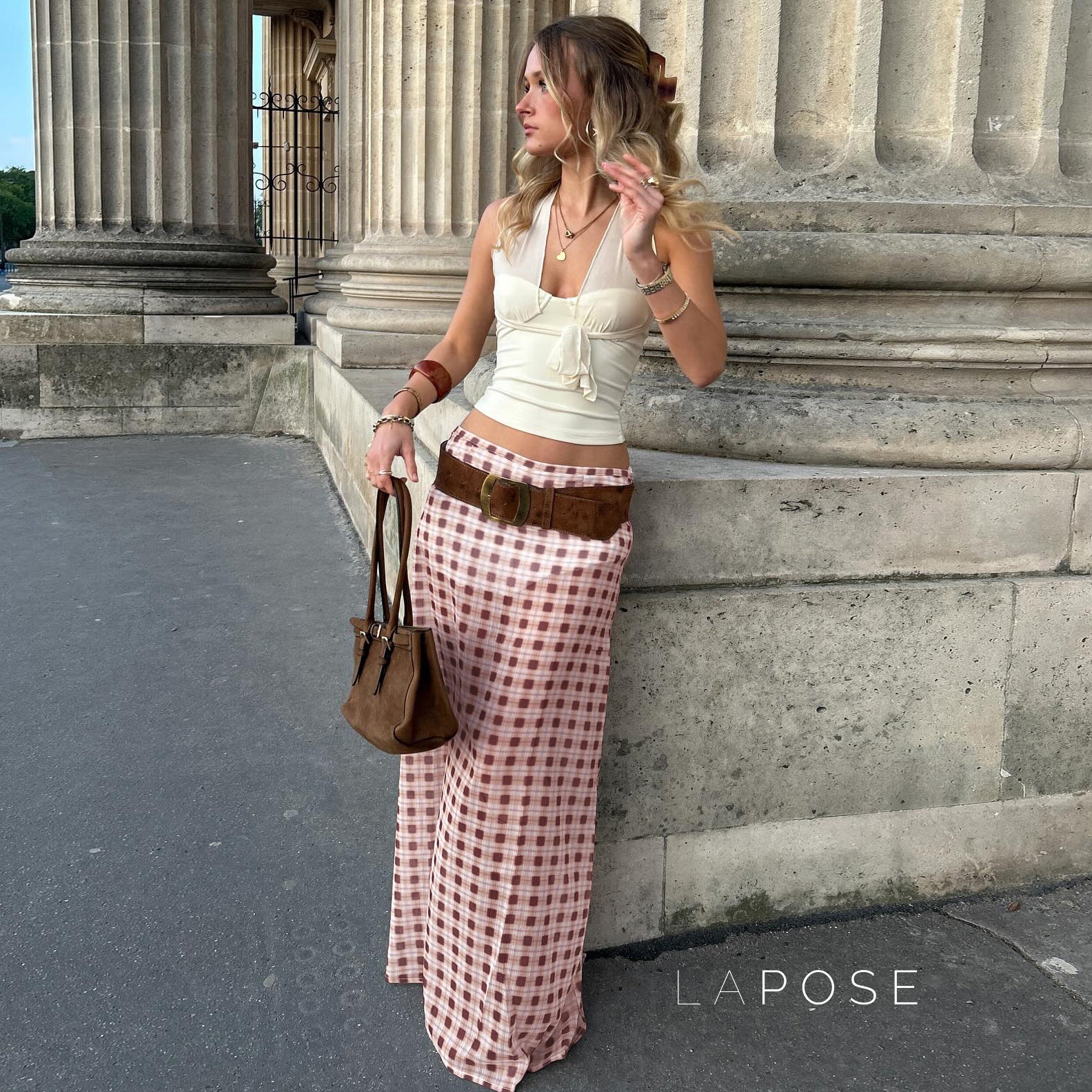 Karina Gingham Midi Skirt [KN2P4F36]