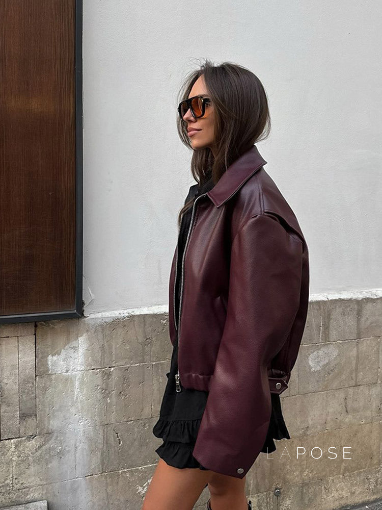 Karoline Lapel Faux Leather Jacket [EM7NVUNS]