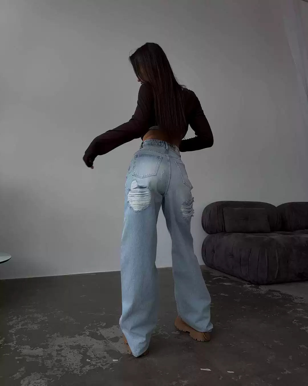 LaPose - Kashmere Ripped Back Wide Leg Jeans - Light Blue Color