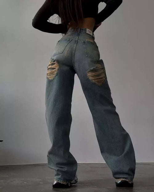 LaPose - Kashmere Ripped Back Wide Leg Jeans - Dark Blue Color
