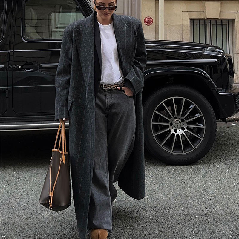 Kassidee Striped Lapel Long Coat [316EX0VR]