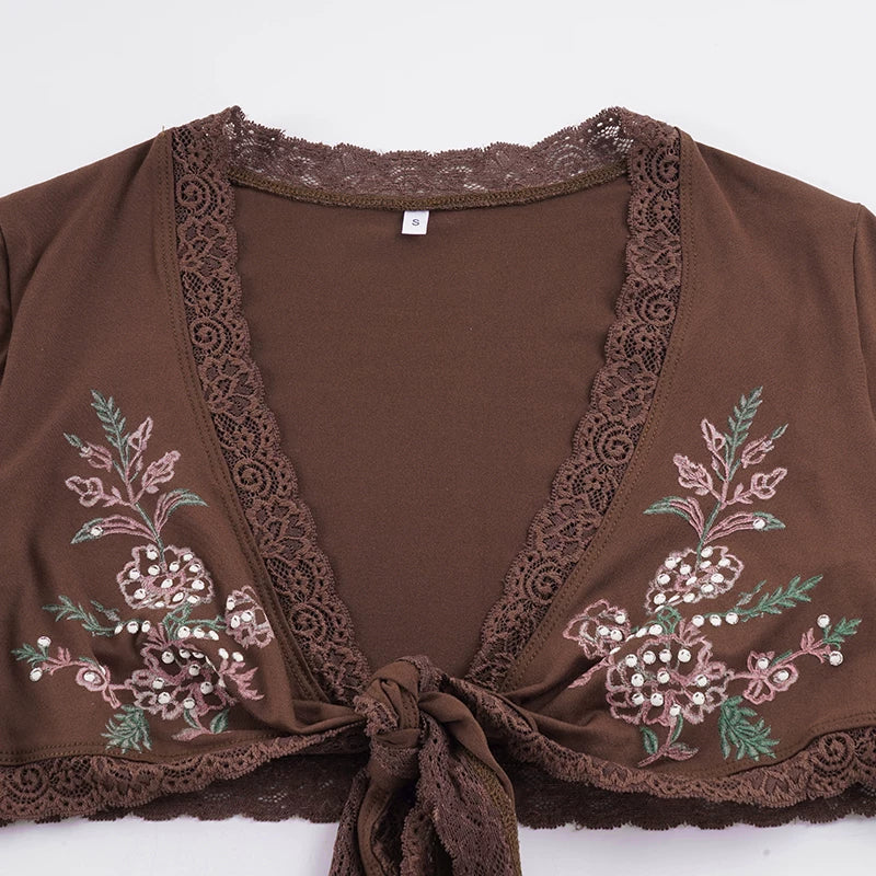 LaPose - Katy Floral Lace Tie-Front Crop Top
