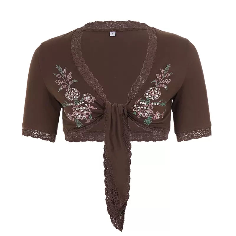 LaPose - Katy Floral Lace Tie-Front Crop Top - Brown Color