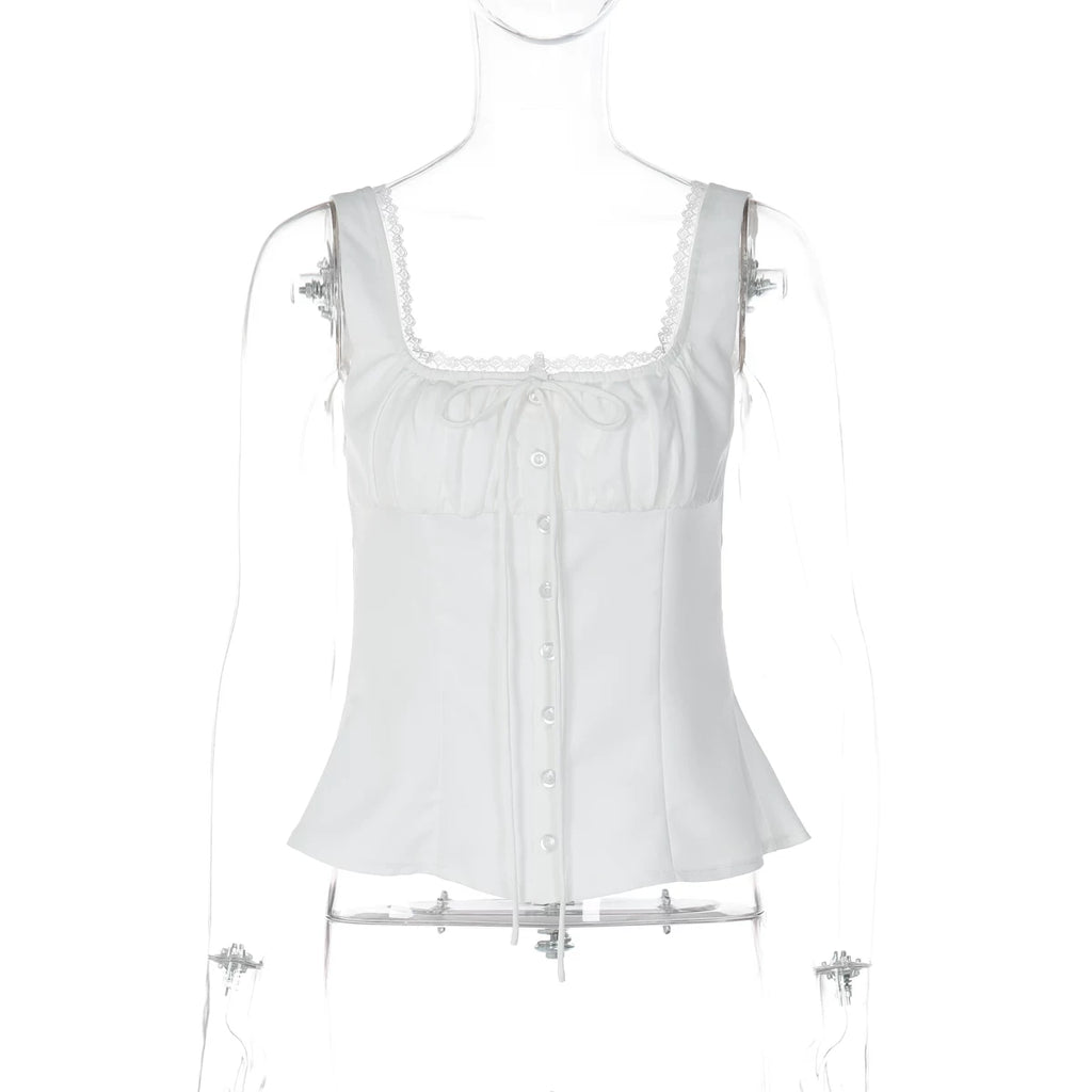 LaPose - Kelis Lace Trim Ruched Tank - White Color