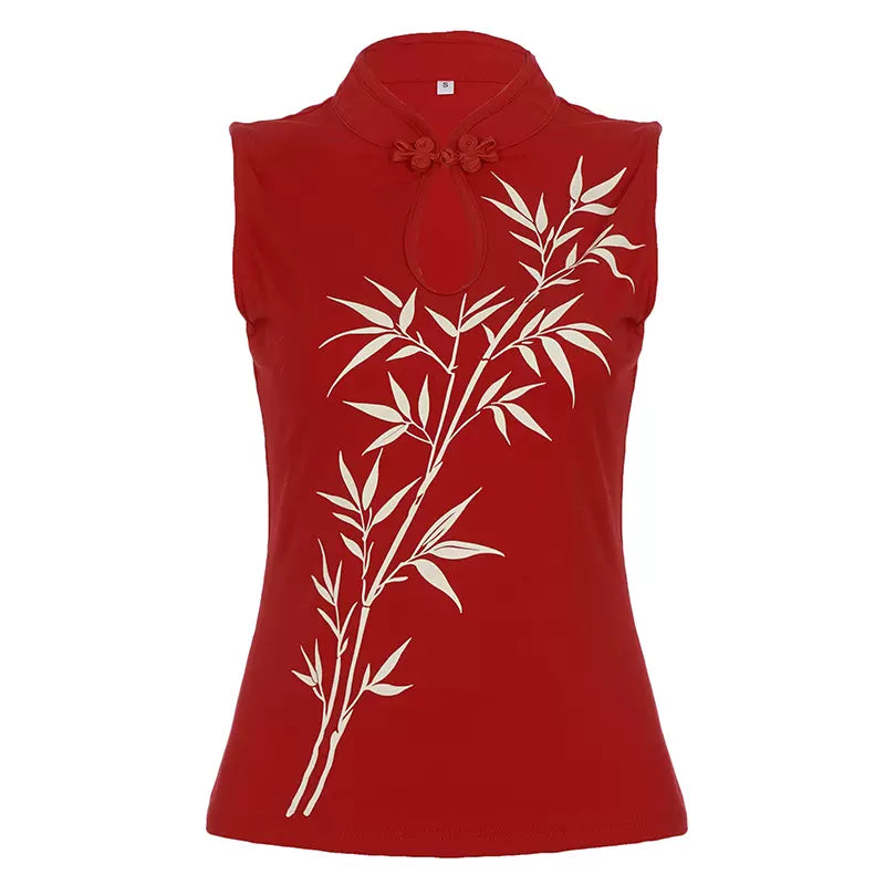 LaPose - Kenadi Bamboo Print Cutout Top - Red Color