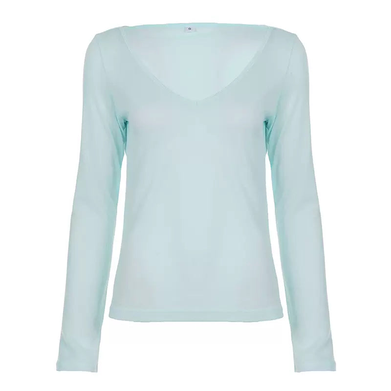 LaPose - Kenly Sheer V-Neck Long Sleeve Top - Blue Color