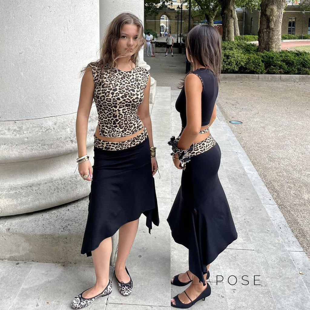 Khelani Leopard Asymmetric Skirt Set [AC6TCHUV]