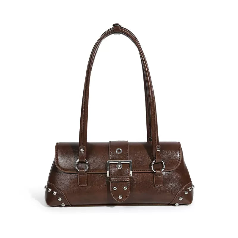 LaPose - Kiah Studded Buckle Shoulder Bag - Dark Brown Color
