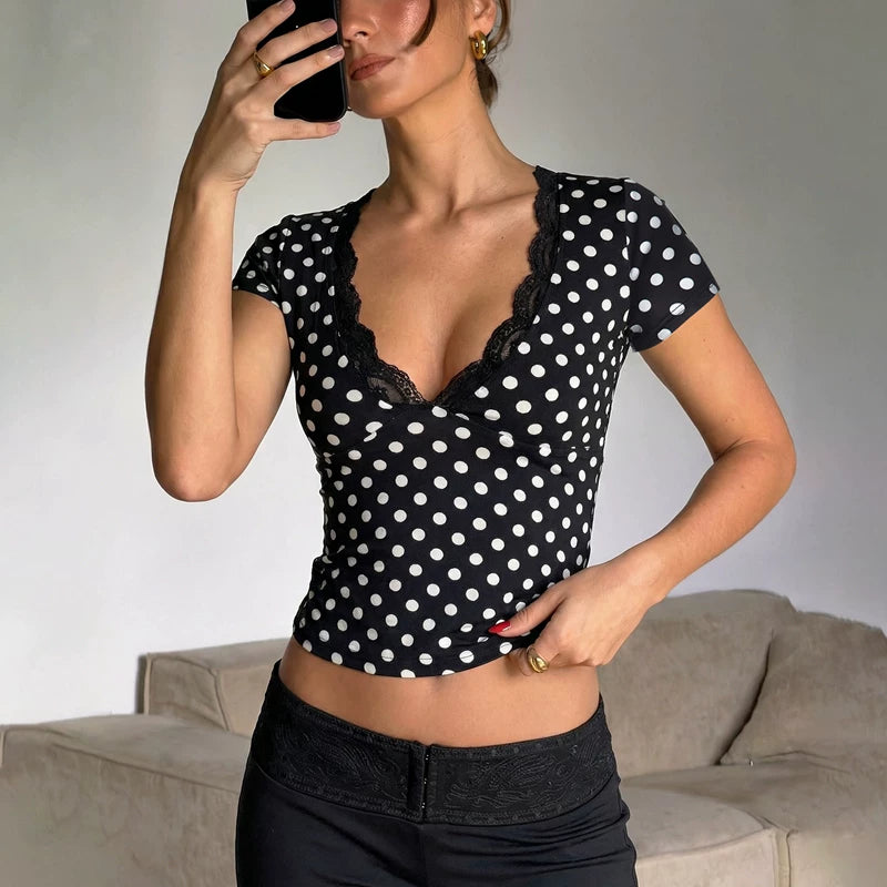 LaPose - Kirra Polka Dot Lace Trim Top
