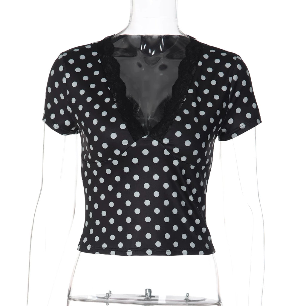 LaPose - Kirra Polka Dot Lace Trim Top - Black Color