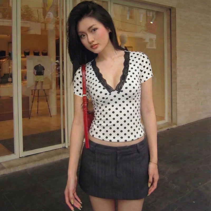 LaPose - Kirra Polka Dot Lace Trim Top