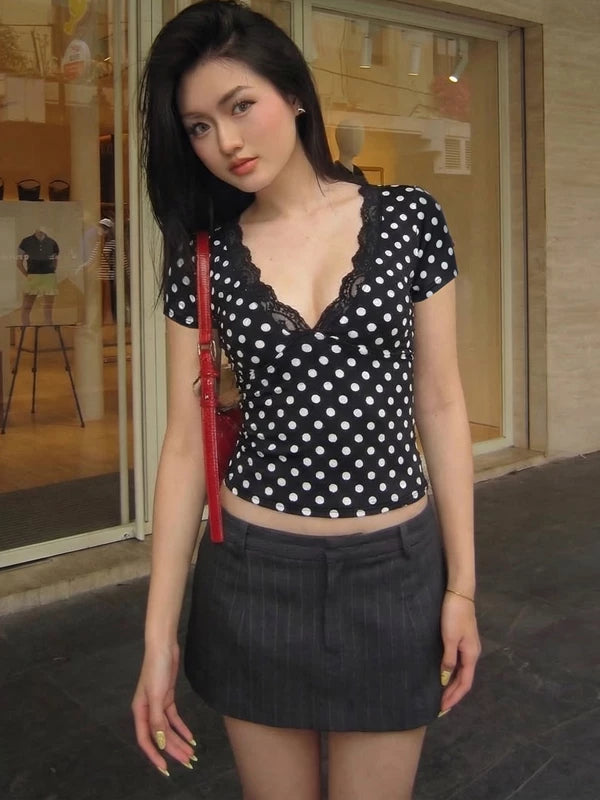 LaPose - Kirra Polka Dot Lace Trim Top