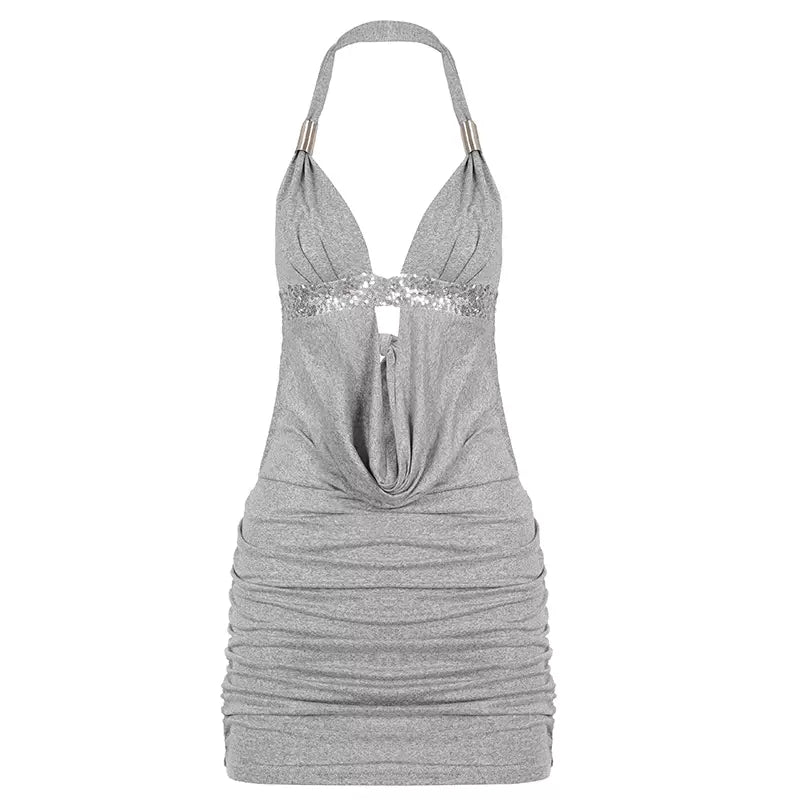 LaPose - Kolbie Sequin Halter Mini Dress - Grey Color