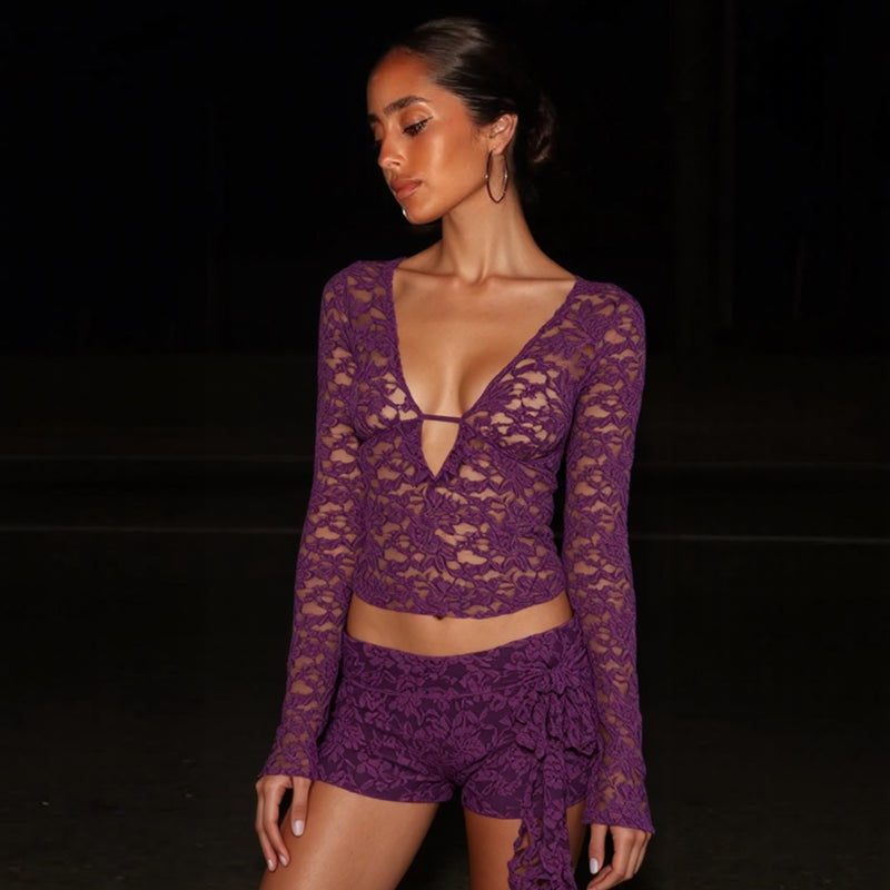 LaPose - Kori Sheer Lace V-Neck Top