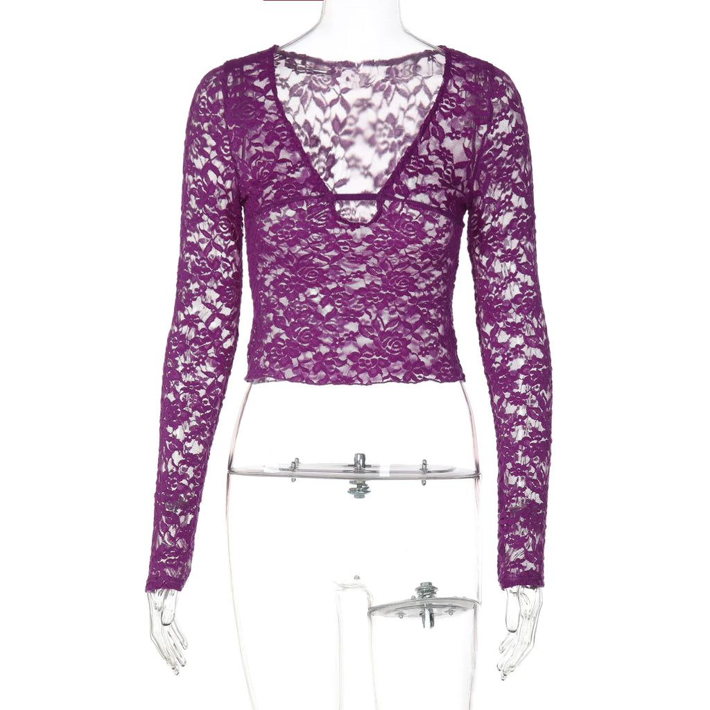 LaPose - Kori Sheer Lace V-Neck Top - Purple Color